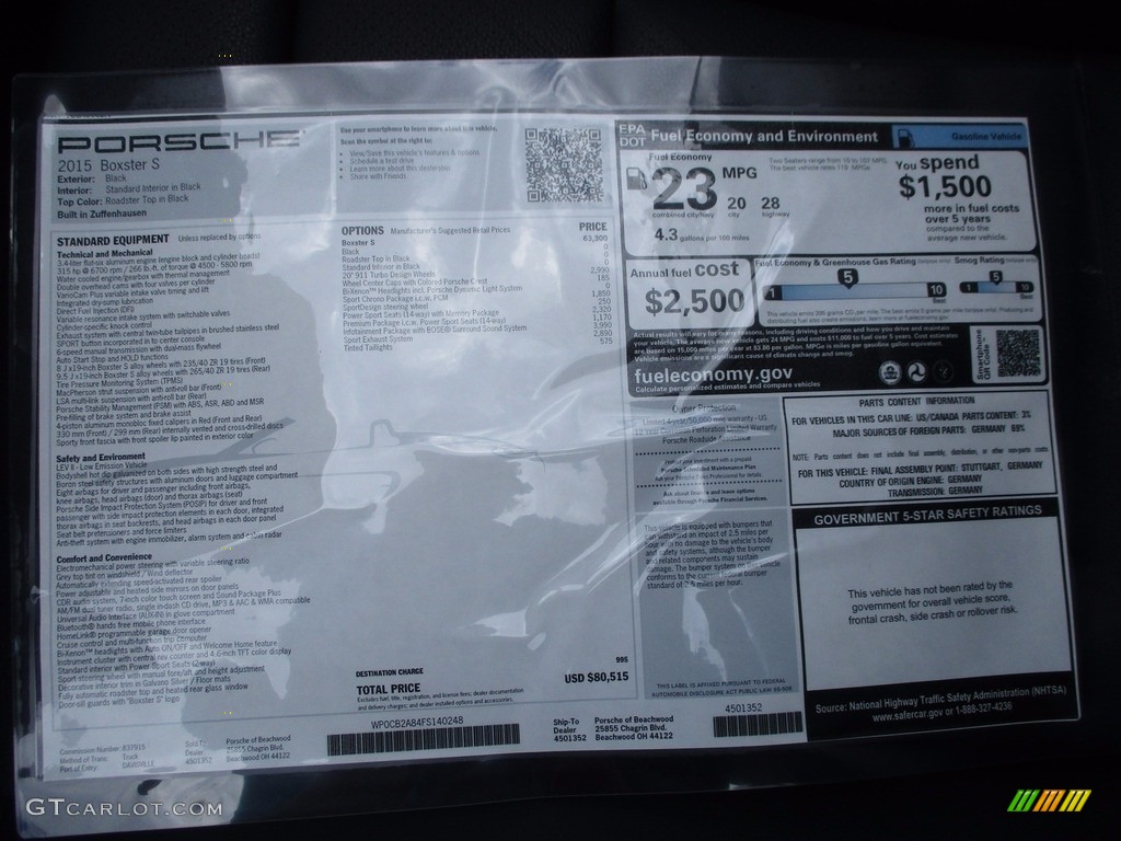 2015 Porsche Boxster S Window Sticker Photo #120918463