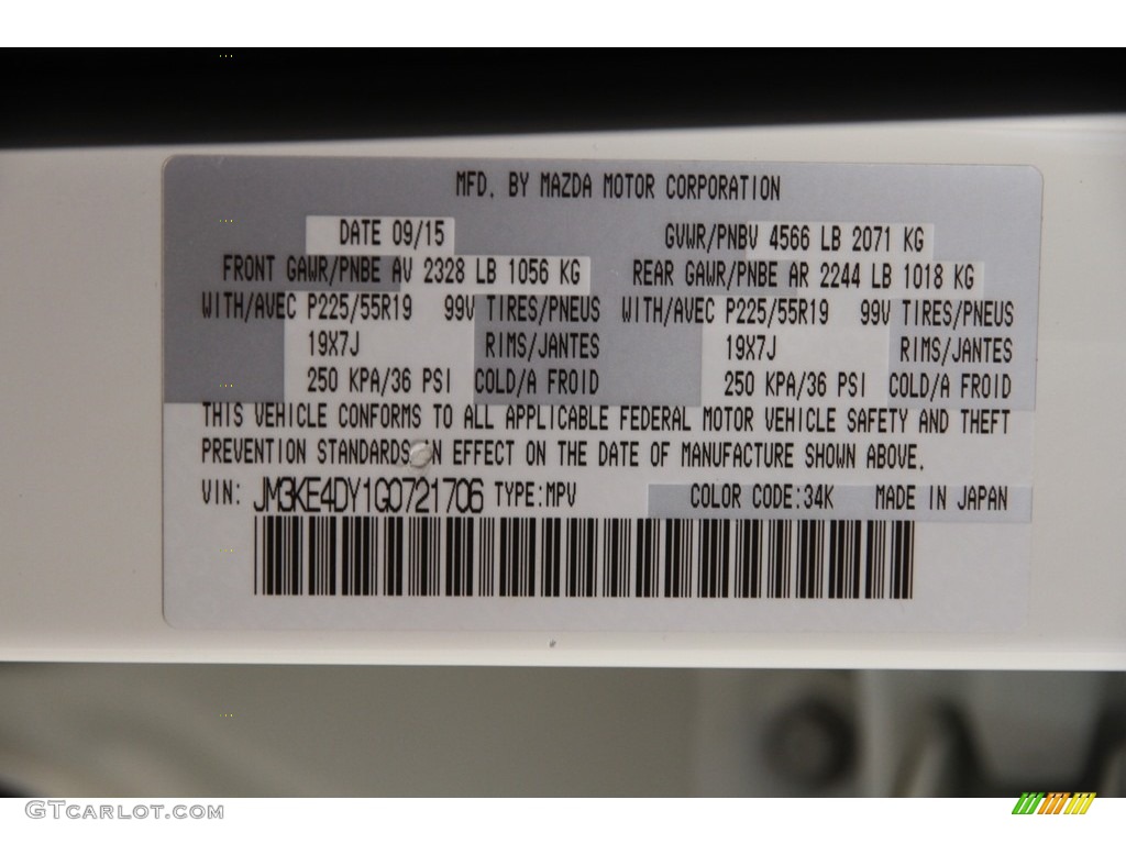 2016 CX-5 Color Code 34K for Crystal White Pearl Mica Photo #120939025