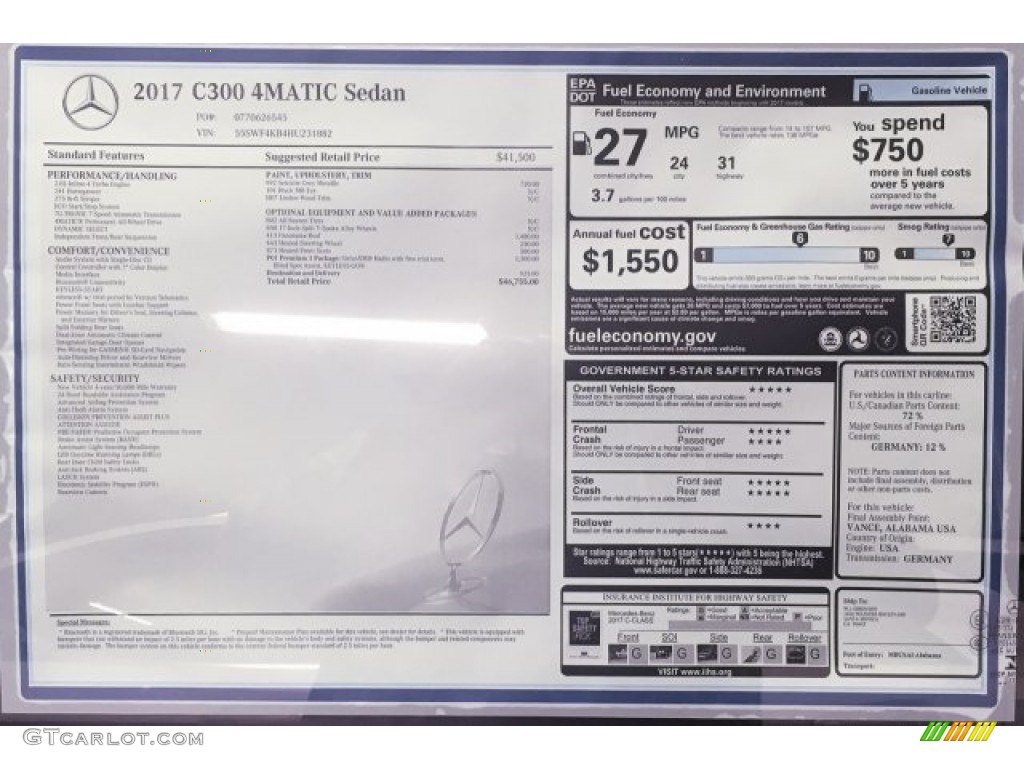 2017 Mercedes-Benz C 300 4Matic Sedan Window Sticker Photo #120940393