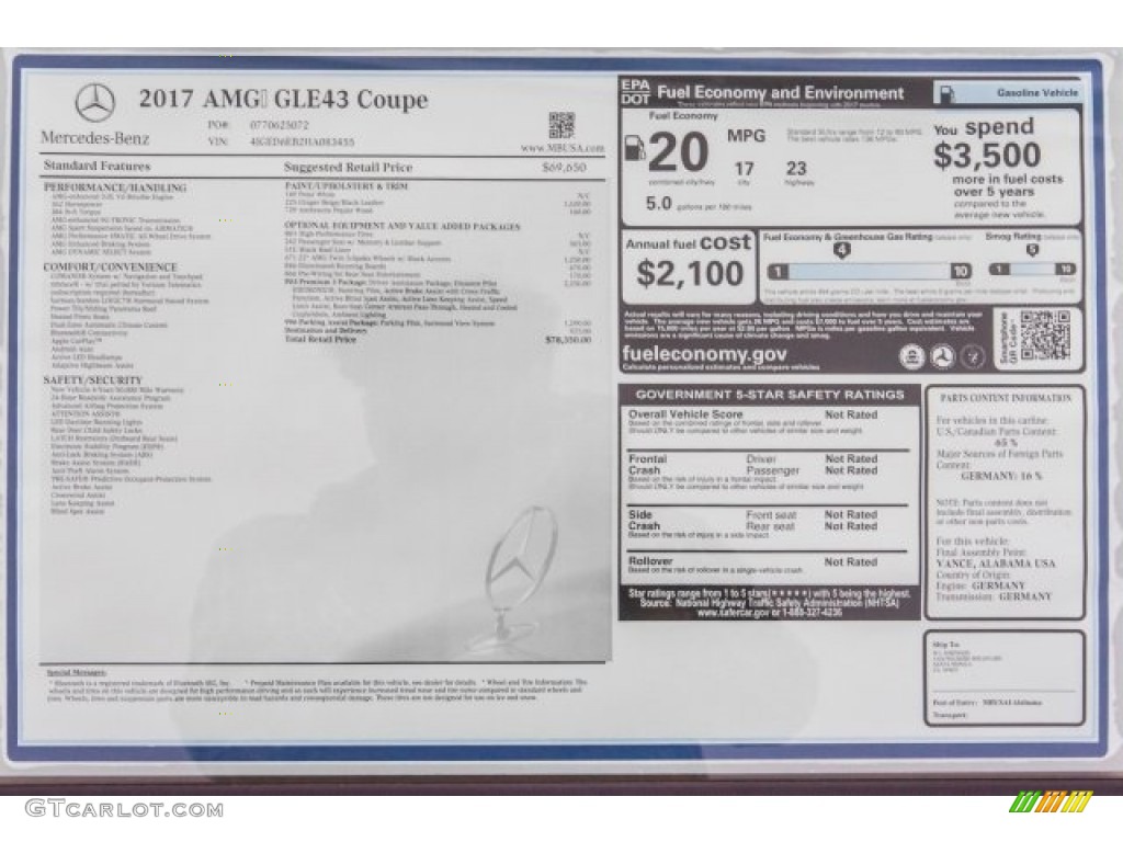 2017 Mercedes-Benz GLE 43 AMG 4Matic Coupe Window Sticker Photo #120942880