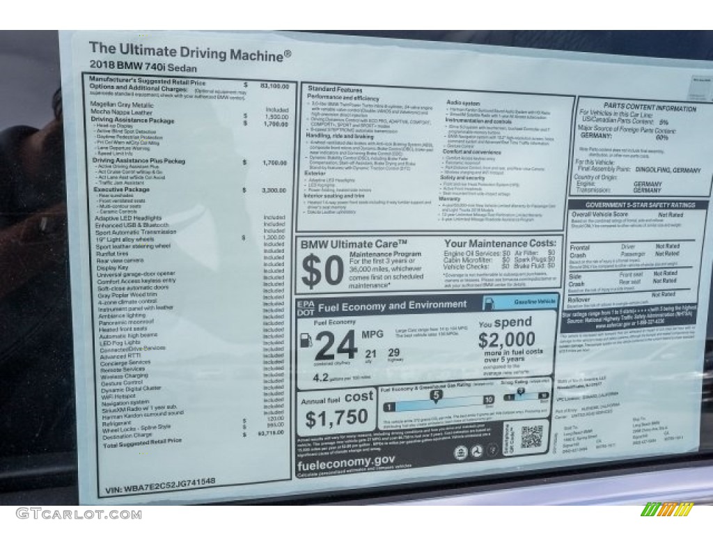 2018 BMW 7 Series 740i Sedan Window Sticker Photo #120944059