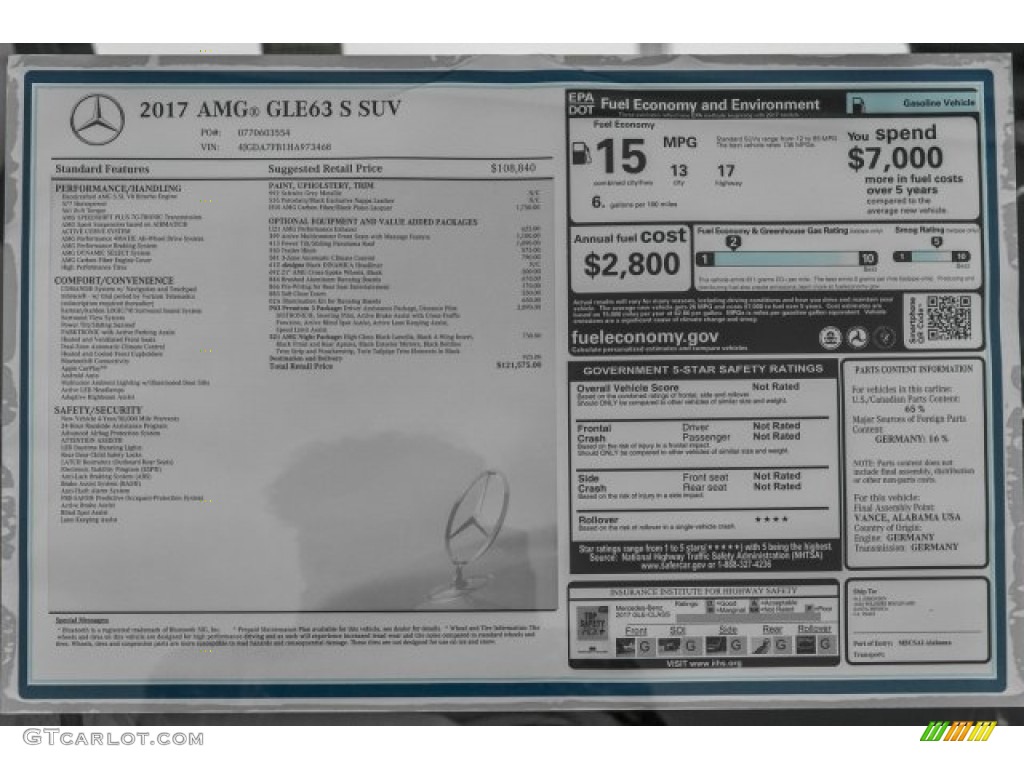 2017 Mercedes-Benz GLE 43 AMG 4Matic Window Sticker Photo #120948863