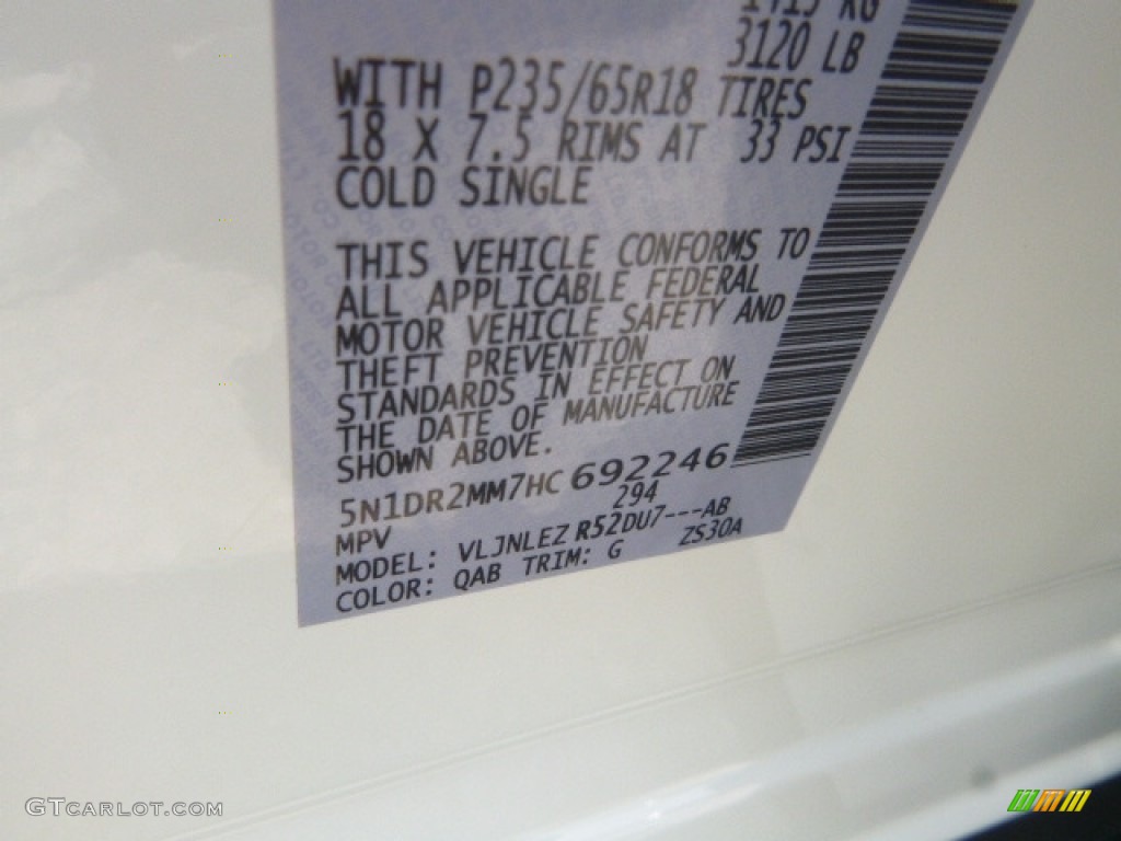 2017 Pathfinder Color Code QAB for Pearl White Photo #120950157