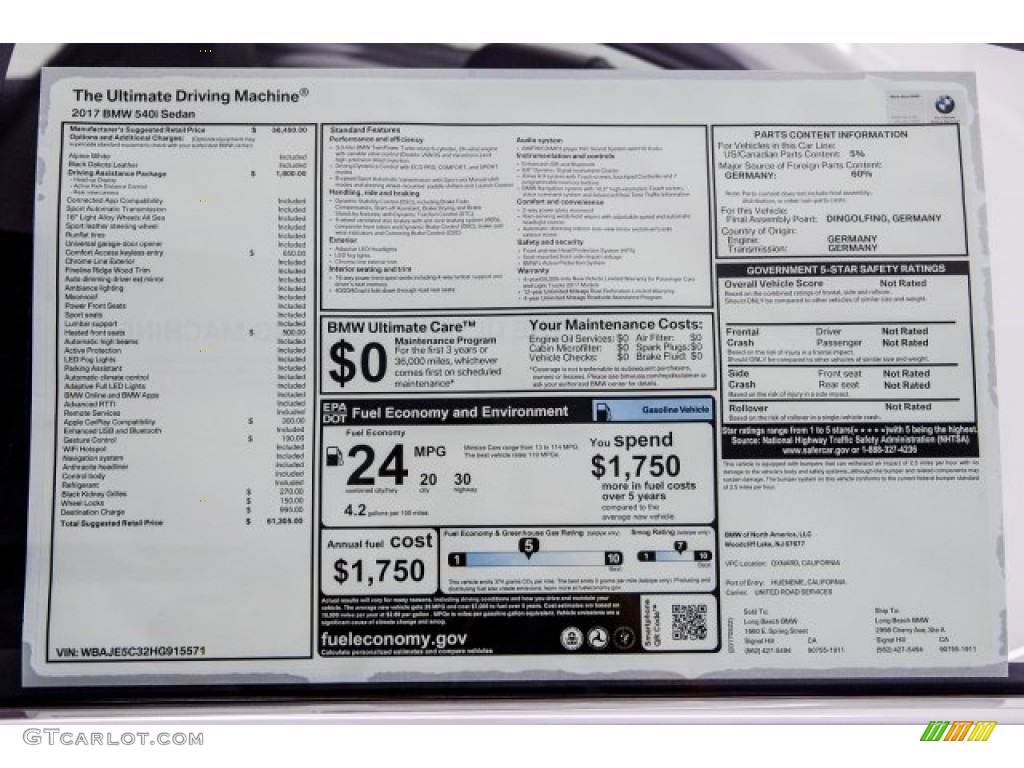 2017 5 Series 540i Sedan - Alpine White / Black photo #10