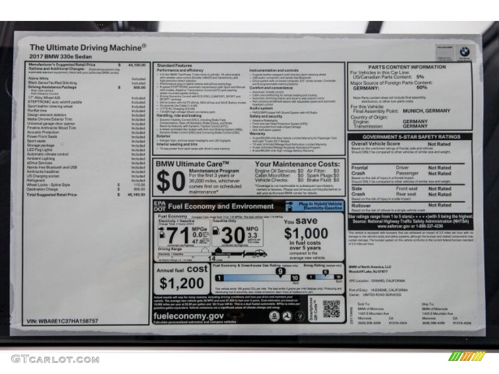 2017 3 Series 330e iPerfomance Sedan - Alpine White / Black photo #10