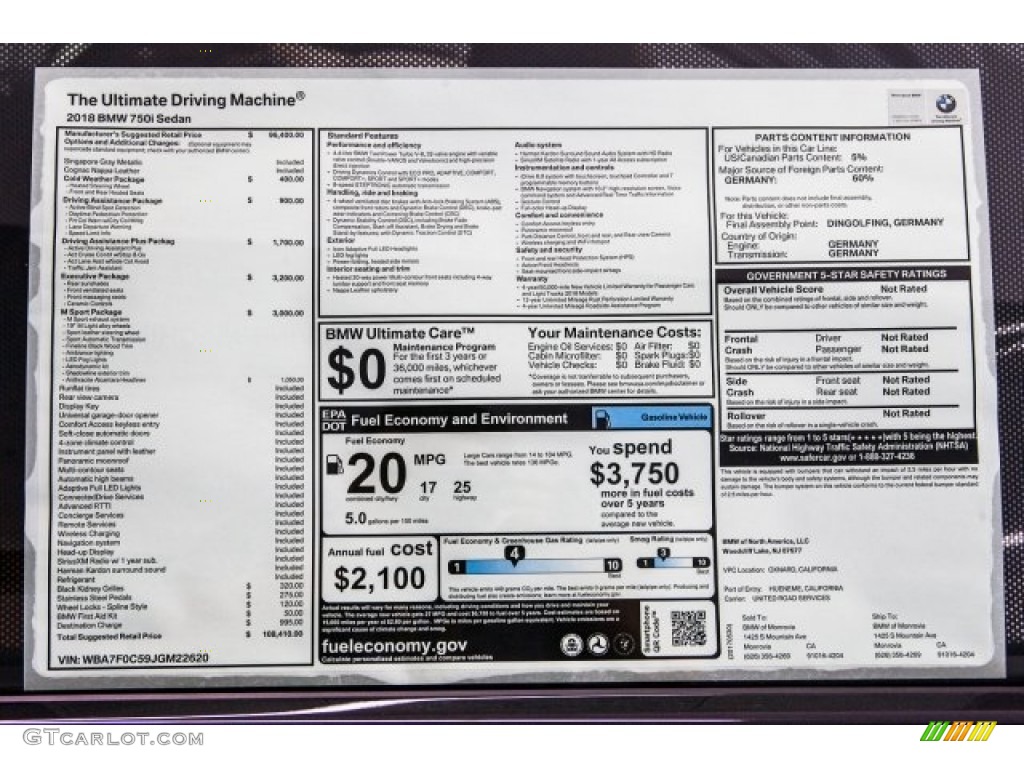 2018 BMW 7 Series 750i Sedan Window Sticker Photo #121057357
