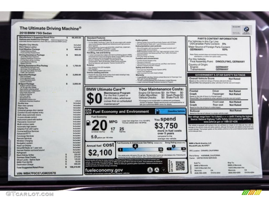 2018 BMW 7 Series 750i Sedan Window Sticker Photo #121079367