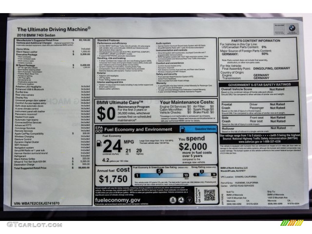 2018 BMW 7 Series 740i Sedan Window Sticker Photo #121079573