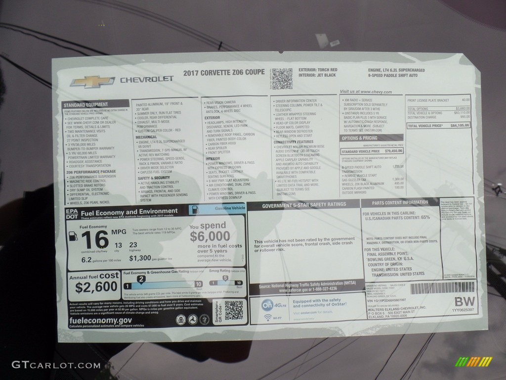 2017 Chevrolet Corvette Z06 Coupe Window Sticker Photo #121095800