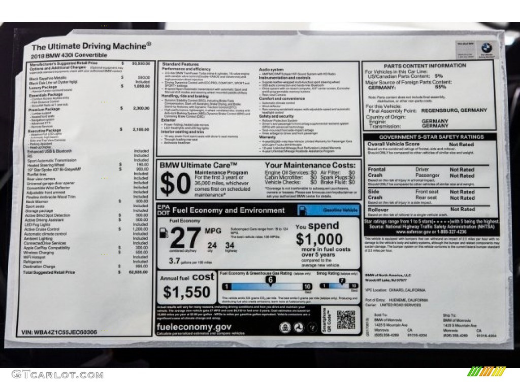 2018 BMW 4 Series 430i Convertible Window Sticker Photo #121123401