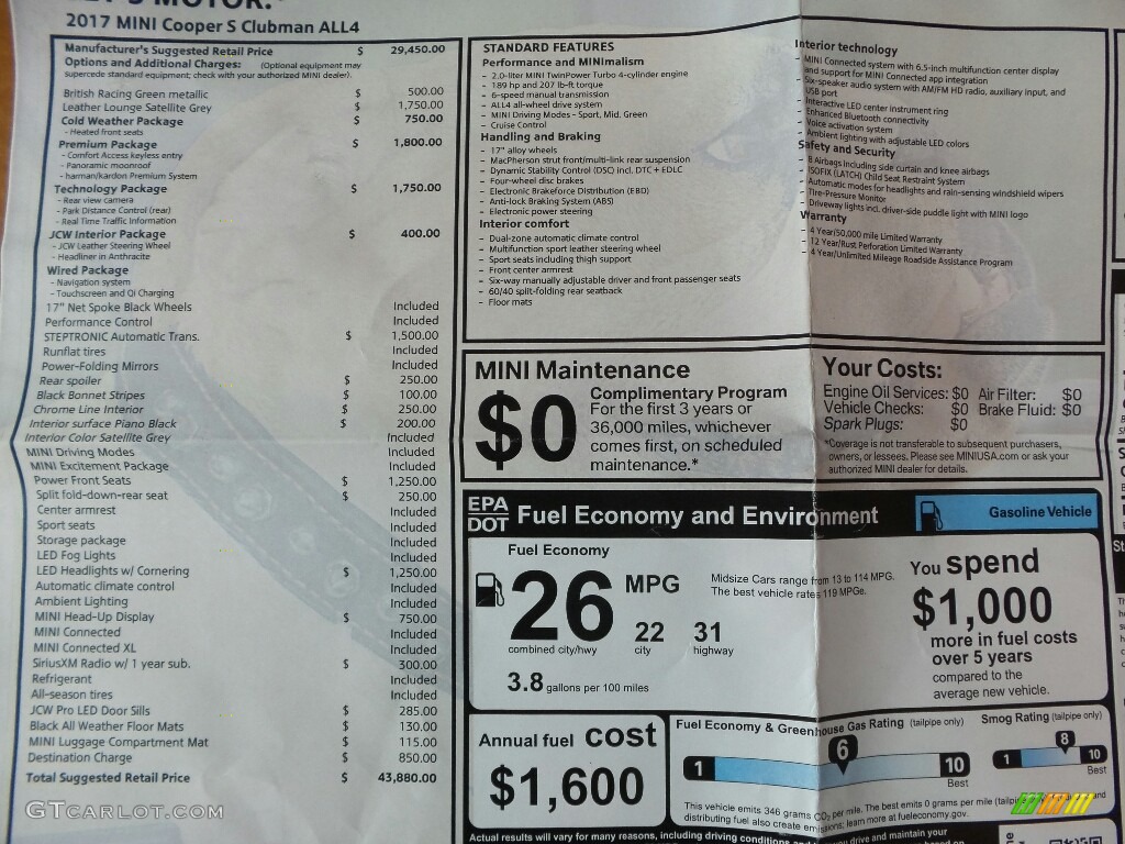 2017 Mini Clubman Cooper S ALL4 Window Sticker Photo #121123423
