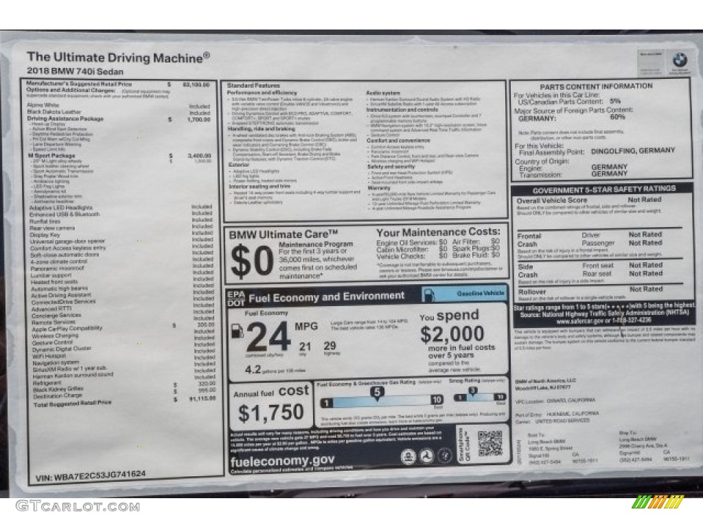 2018 BMW 7 Series 740i Sedan Window Sticker Photo #121130796