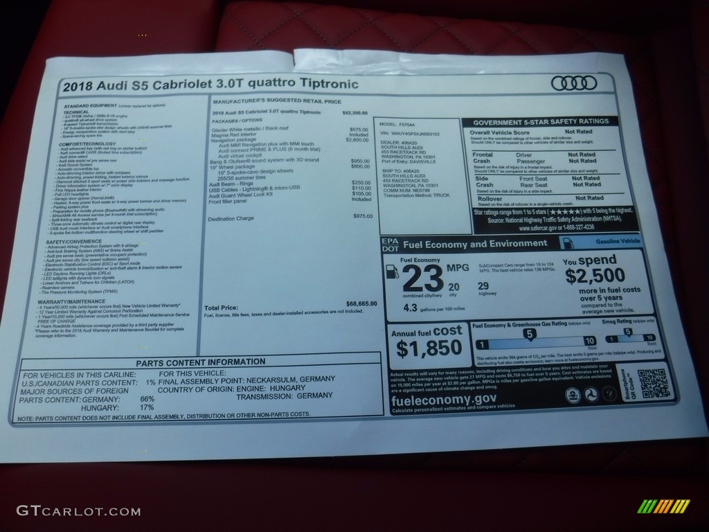 2018 Audi S5 Premium Plus Cabriolet Window Sticker Photo #121175988