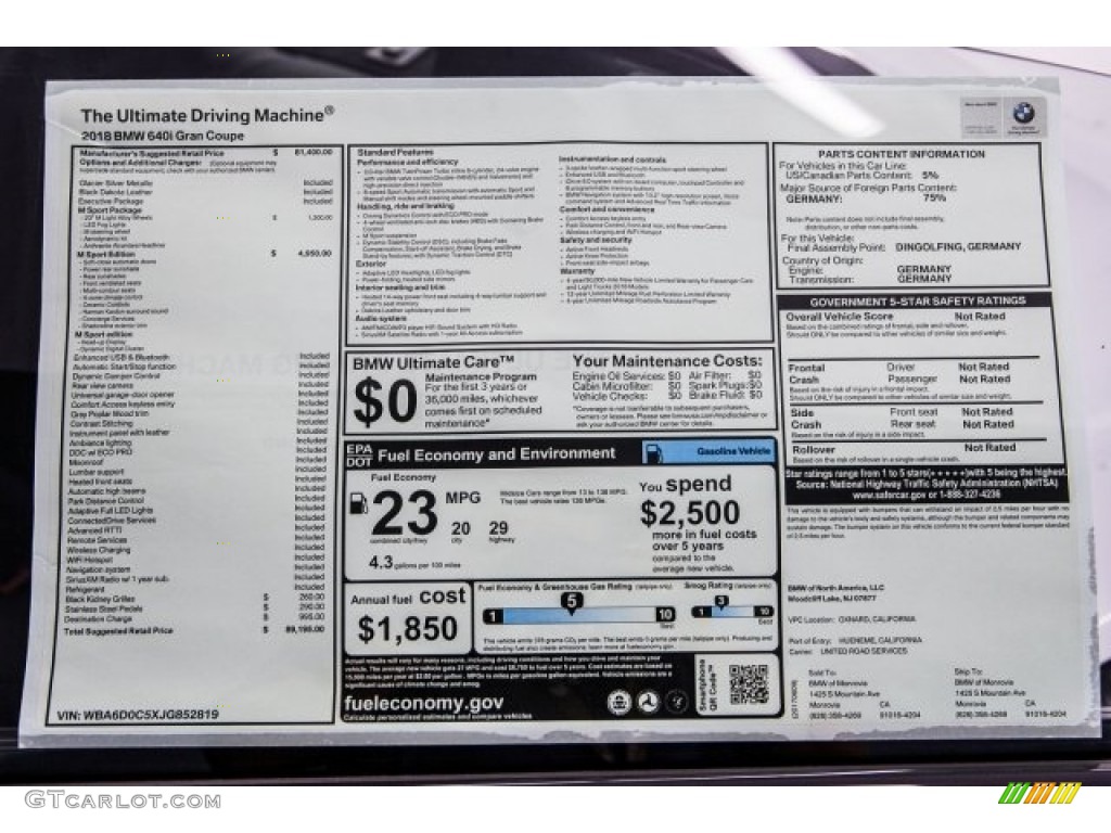 2018 BMW 6 Series 640i Gran Coupe Window Sticker Photo #121196206