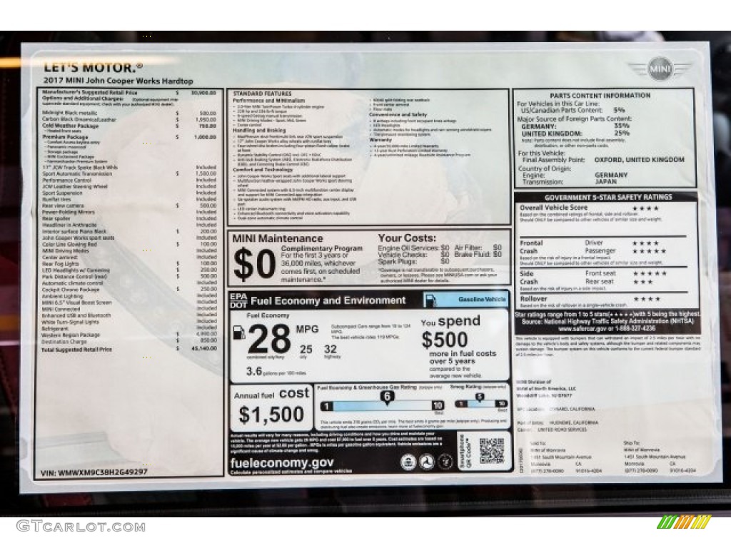 2017 Mini Hardtop John Cooperworks 2 Door Window Sticker Photo #121196673