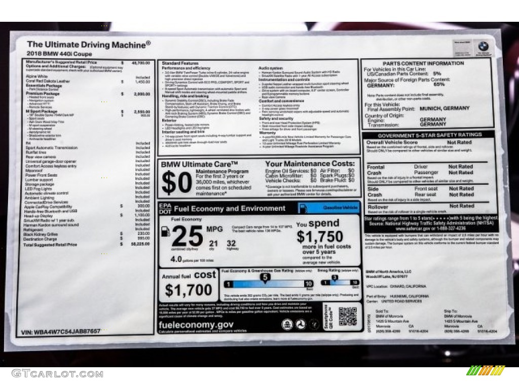 2018 BMW 4 Series 440i Coupe Window Sticker Photo #121206390