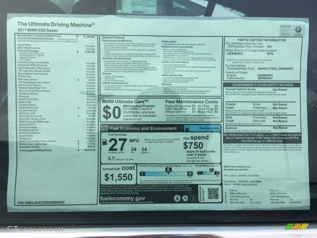 2017 5 Series 530i Sedan - Alpine White / Black photo #10