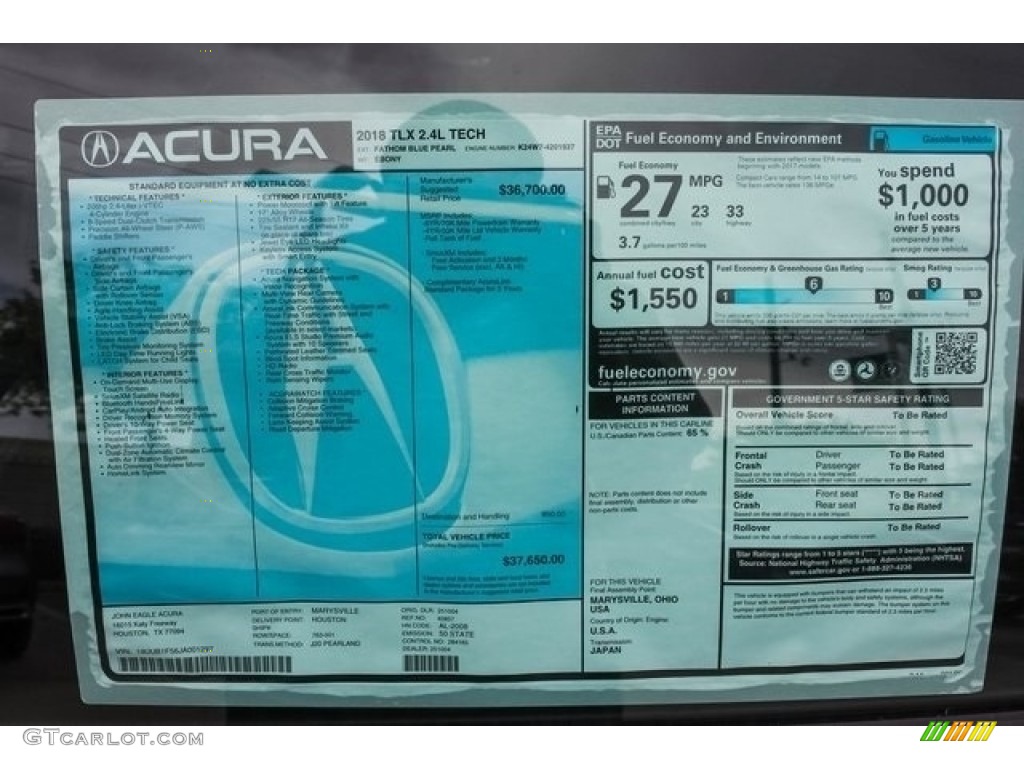2018 Acura TLX Technology Sedan Window Sticker Photo #121269783