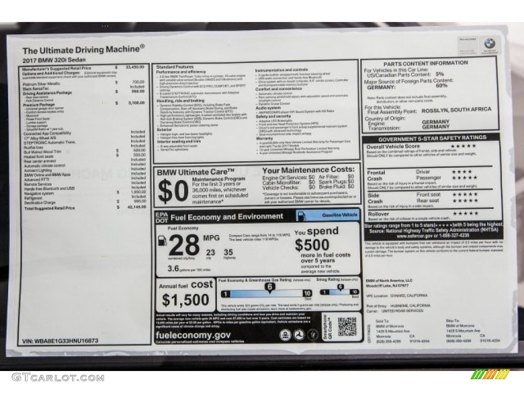 2017 BMW 3 Series 320i Sedan Window Sticker Photo #121277842