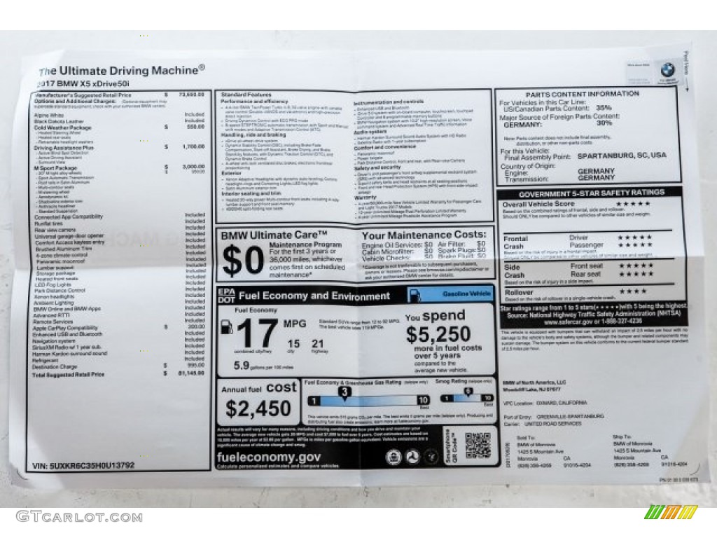 2017 BMW X5 xDrive50i Window Sticker Photo #121279930