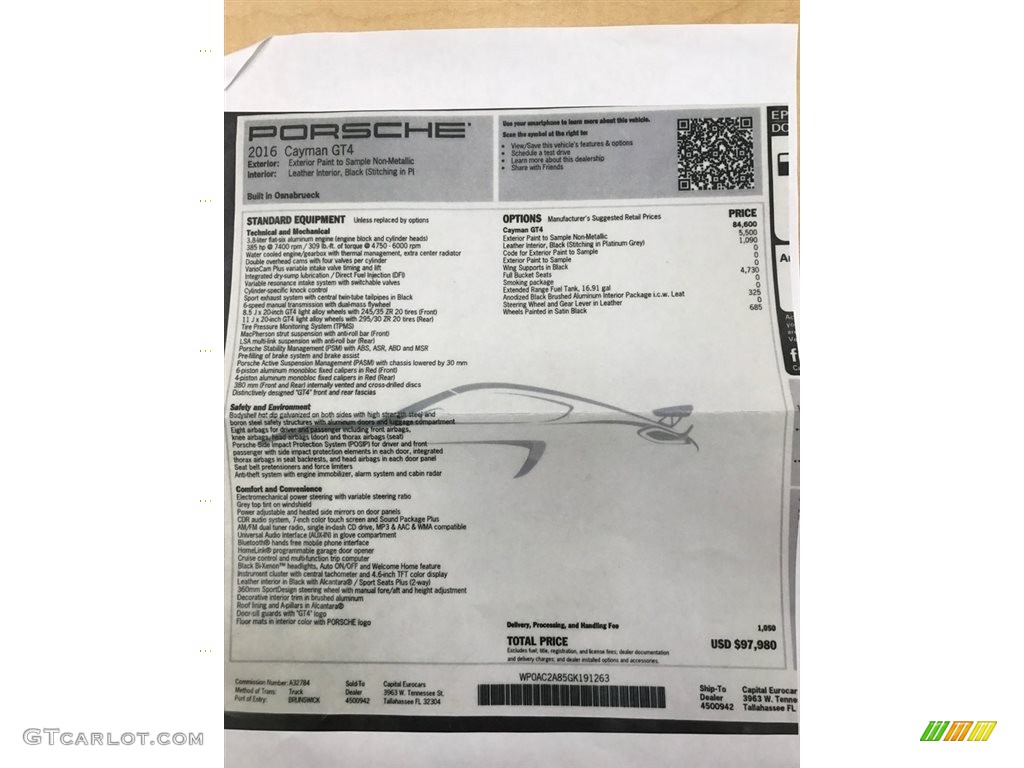 2016 Porsche Cayman GT4 Window Sticker Photo #121356932