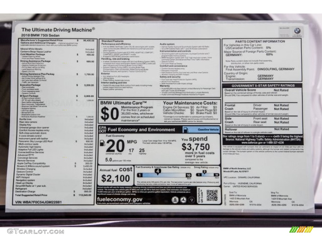 2018 BMW 7 Series 750i Sedan Window Sticker Photo #121370966