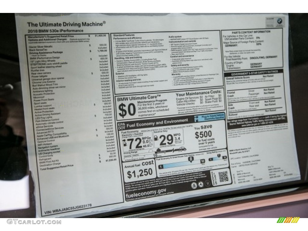 2018 BMW 5 Series 530e iPerfomance Sedan Window Sticker Photo #121371431