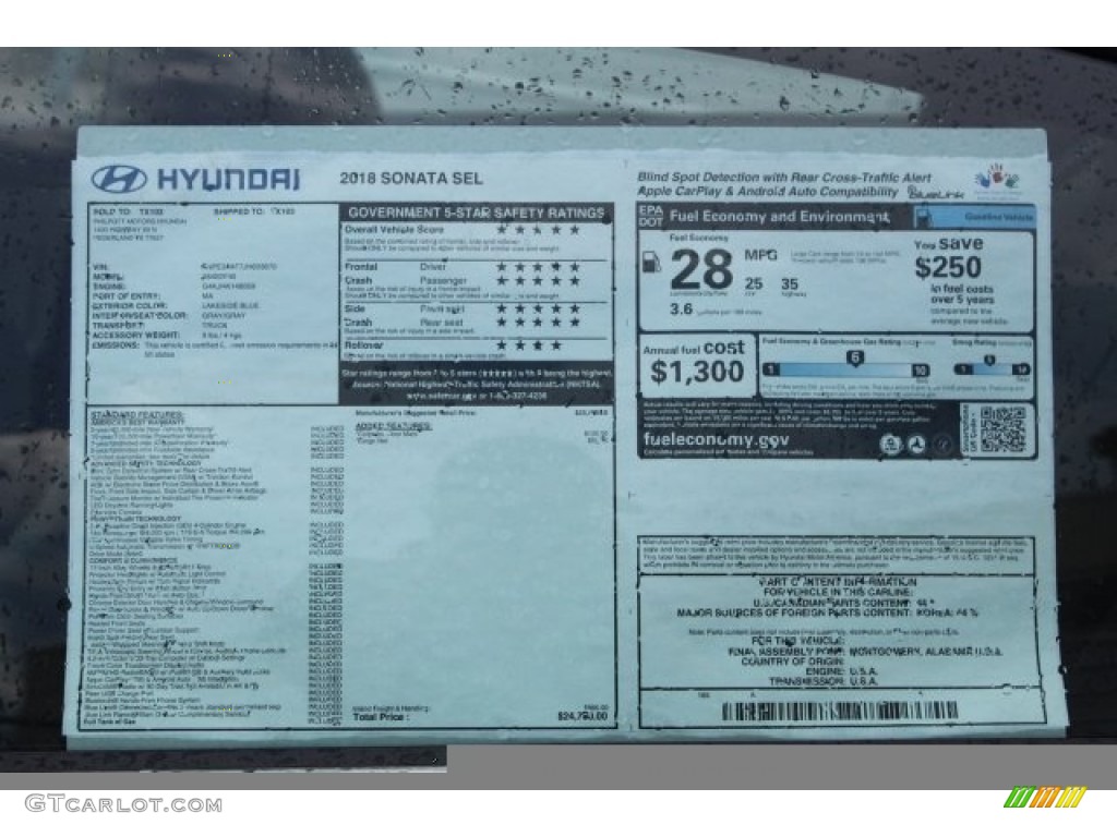 2018 Hyundai Sonata SEL Window Sticker Photo #121382048