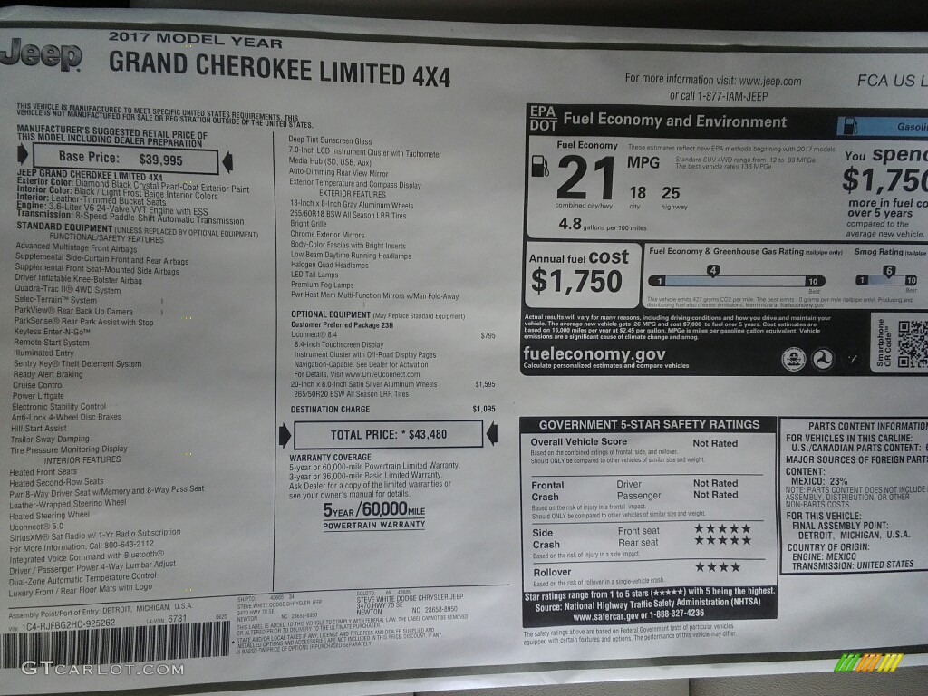 2017 Grand Cherokee Limited 4x4 - Diamond Black Crystal Pearl / Black photo #29