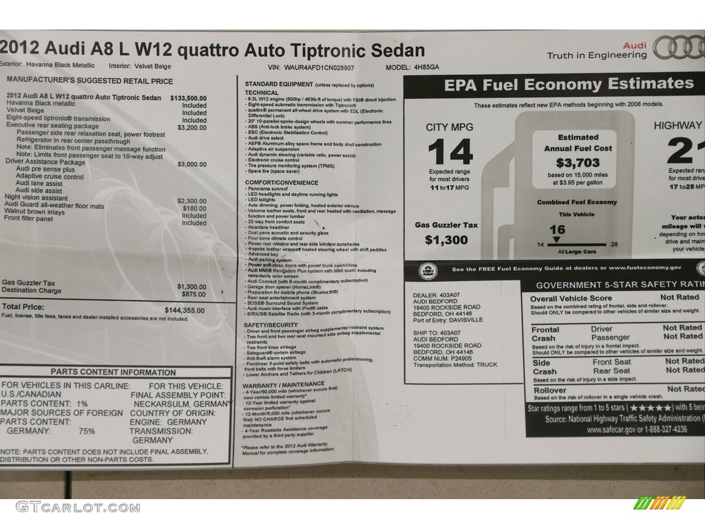 2012 Audi A8 L W12 6.3 Window Sticker Photos