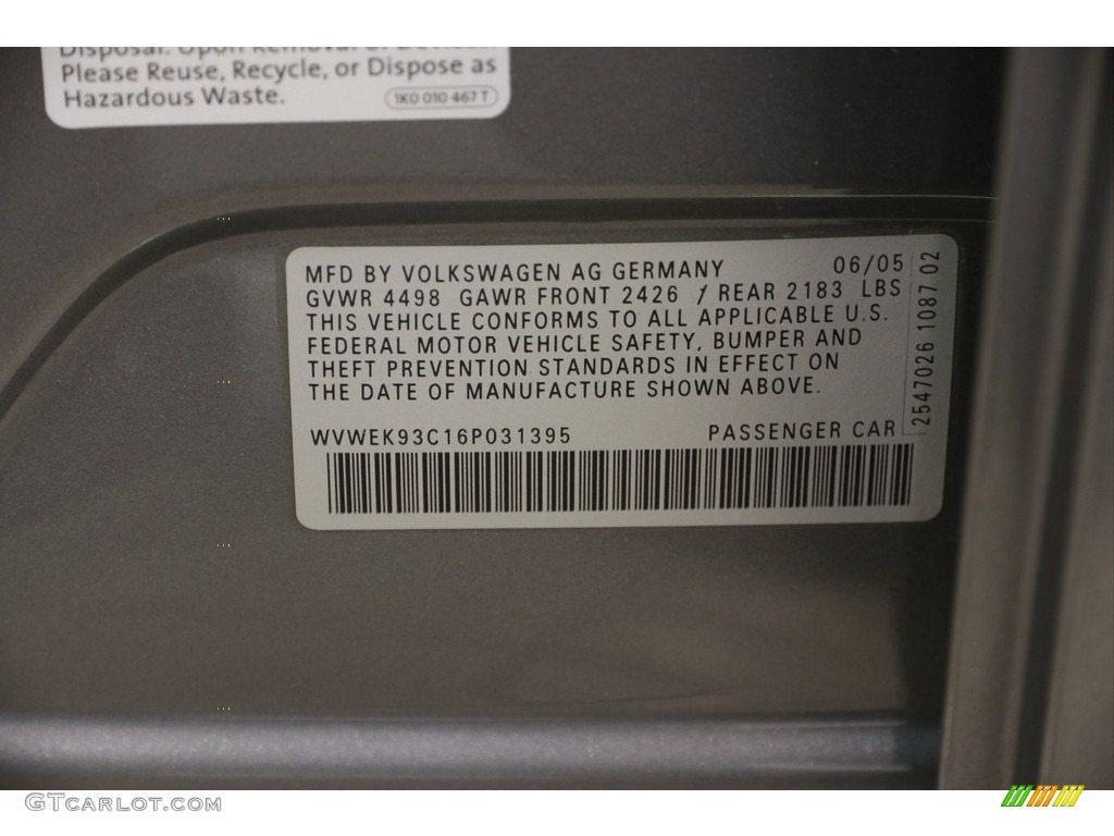 2006 Passat 2.0T Sedan - United Grey Metallic / Black photo #16