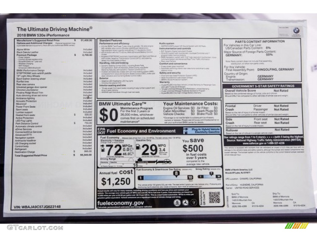 2018 BMW 5 Series 530e iPerfomance Sedan Window Sticker Photo #121492070