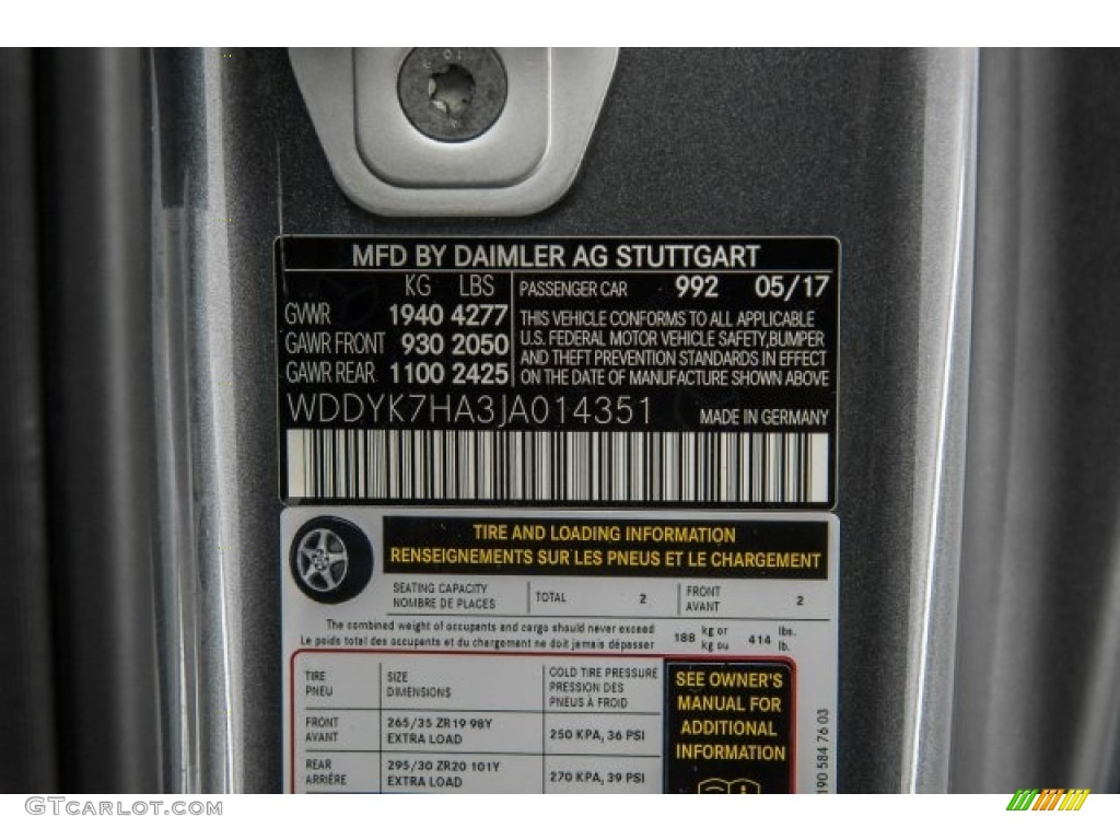 2018 AMG GT Color Code 992 for Selenite Grey Metallic Photo #121535846