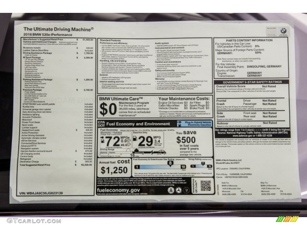 2018 BMW 5 Series 530e iPerfomance Sedan Window Sticker Photo #121576293