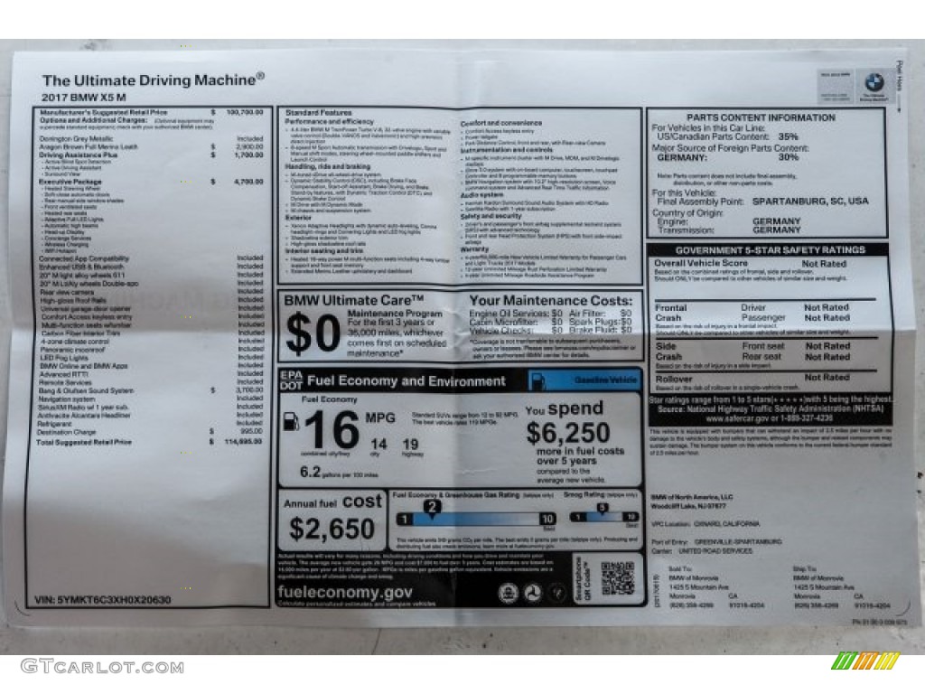 2017 BMW X5 M xDrive Window Sticker Photo #121579560