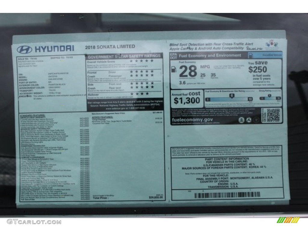2018 Hyundai Sonata Limited Window Sticker Photo #121583349
