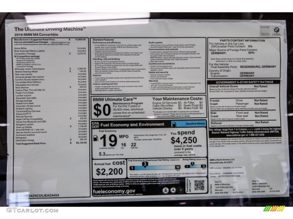 2018 BMW M4 Convertible Window Sticker Photo #121641936