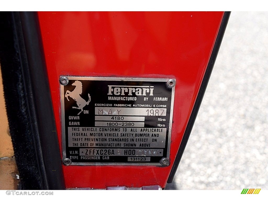 1987 Ferrari Mondial Cabriolet Info Tag Photo #121654200