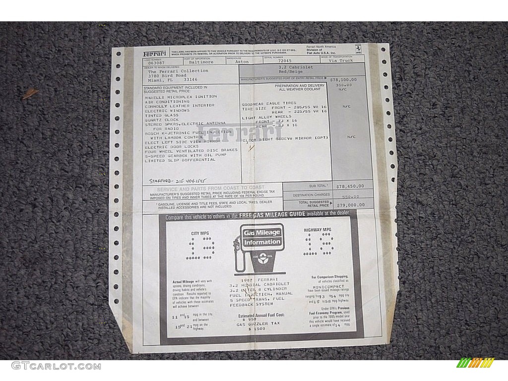 1987 Ferrari Mondial Cabriolet Window Sticker Photos