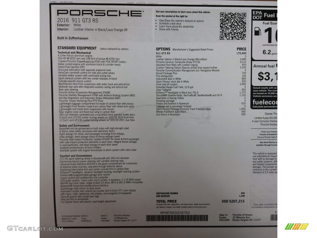 2016 Porsche 911 GT3 RS Window Sticker Photo #121664337