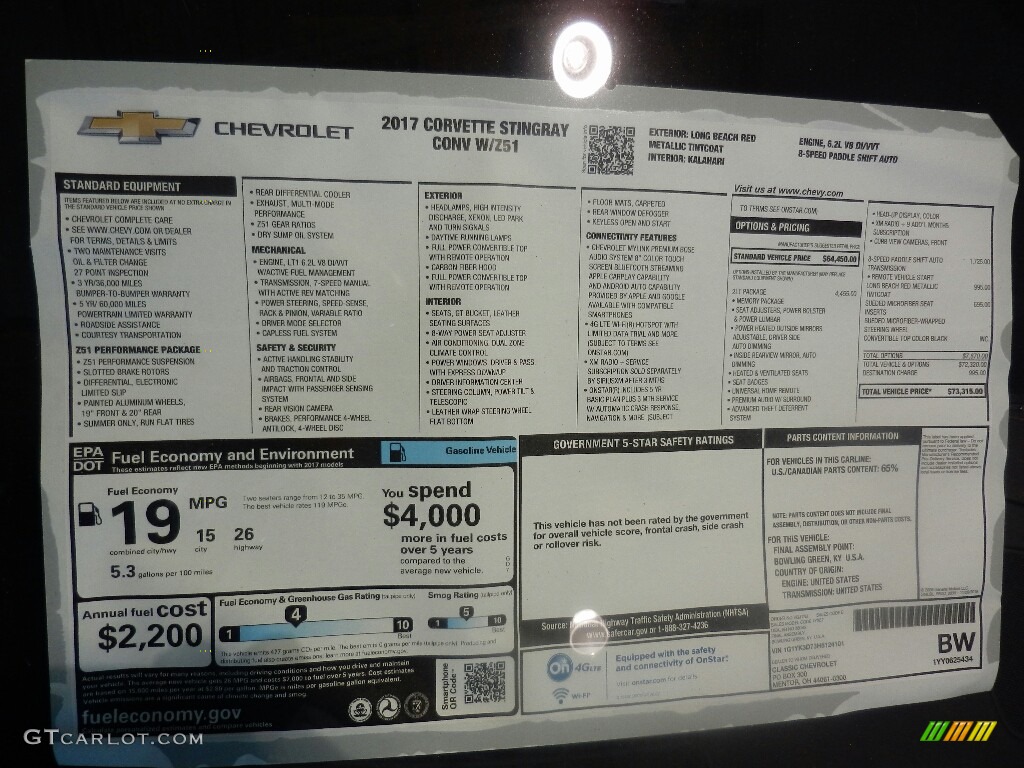 2017 Chevrolet Corvette Stingray Convertible Window Sticker Photo #121694720