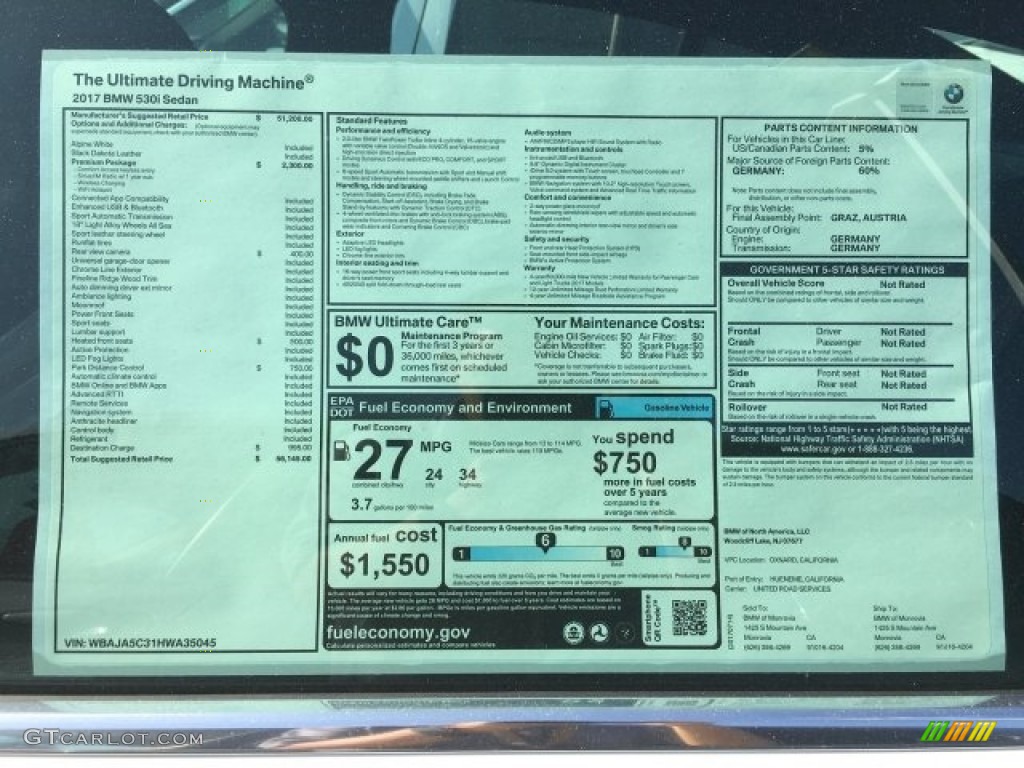 2017 5 Series 530i Sedan - Alpine White / Black photo #10
