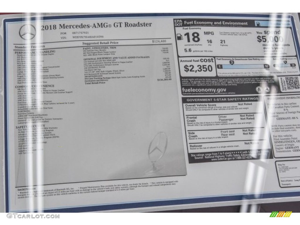 2018 Mercedes-Benz AMG GT Roadster Window Sticker Photo #121745461