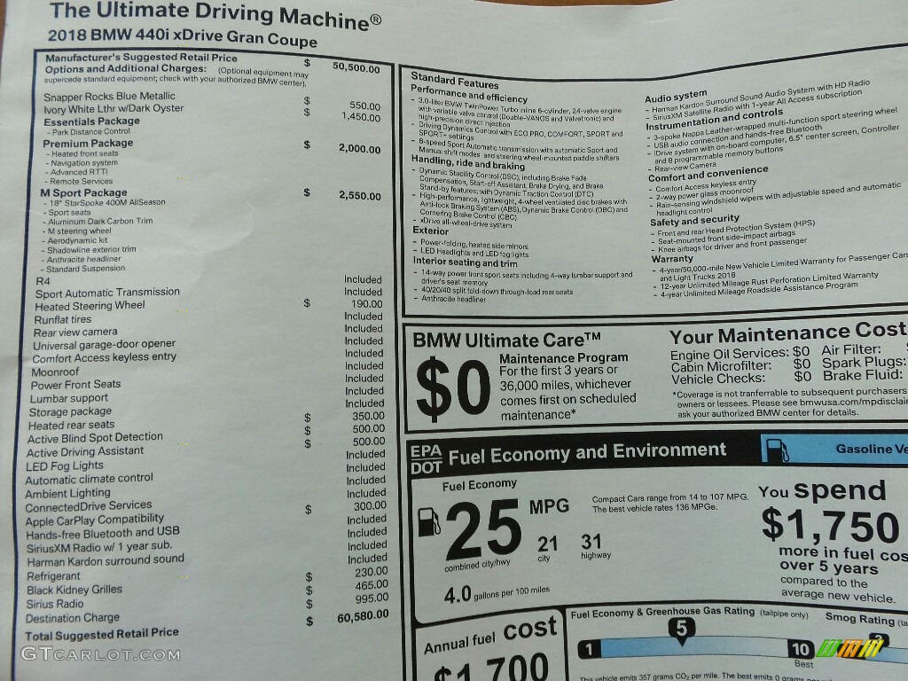 2018 BMW 4 Series 440i xDrive Gran Coupe Window Sticker Photo #121760286