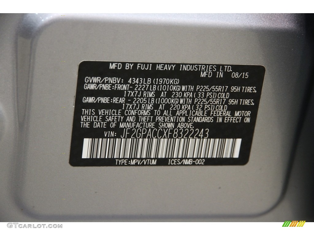 2015 XV Crosstrek 2.0i Premium - Ice Silver Metallic / Black photo #20