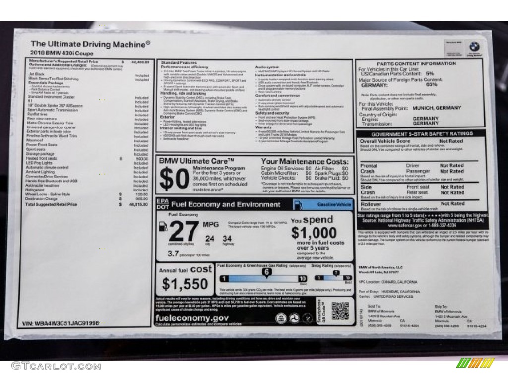 2018 BMW 4 Series 430i Coupe Window Sticker Photos