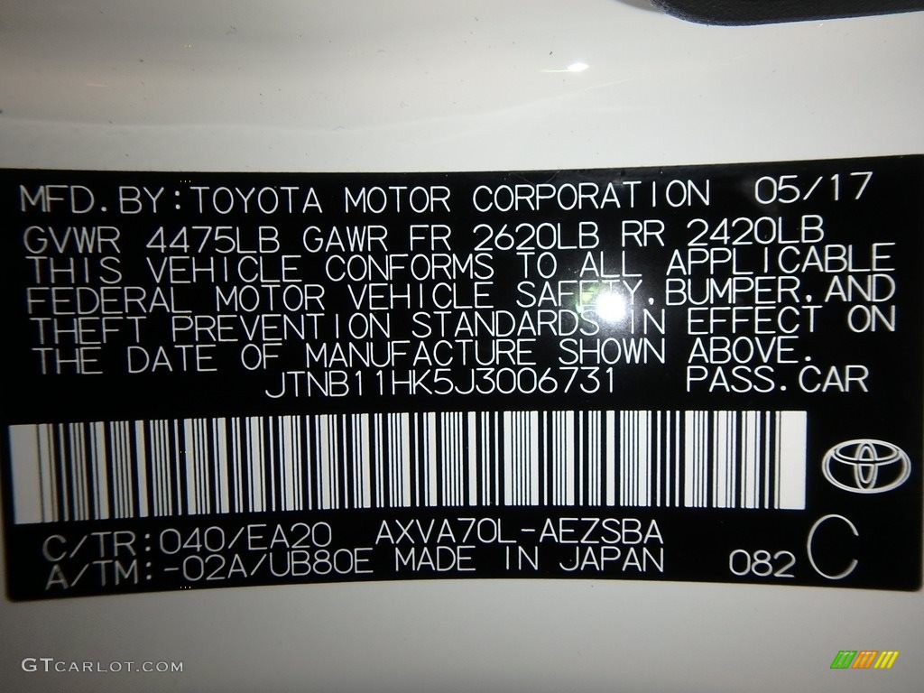 2018 Camry Color Code 040 for Super White Photo #121772931