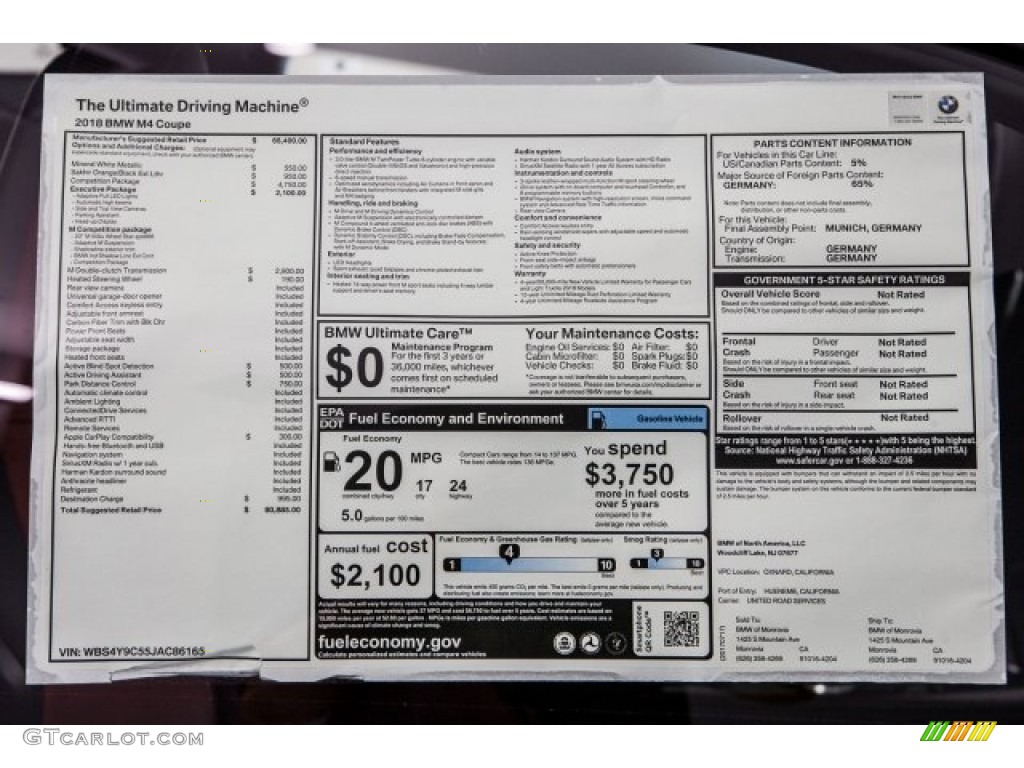 2018 BMW M4 Coupe Window Sticker Photo #121797460