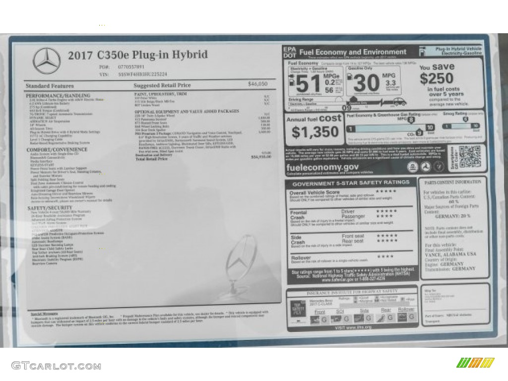 2017 Mercedes-Benz C 350e Plug-in Hybrid Sedan Window Sticker Photo #121802232
