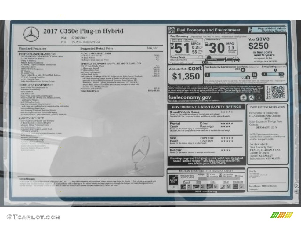 2017 Mercedes-Benz C 350e Plug-in Hybrid Sedan Window Sticker Photo #121802511